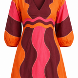 Sample - Leda Red & Pink Wave Patchwork Poplin Dress