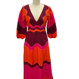 Sample -Dryope Red & Pink Wave Patchwork Poplin Dress