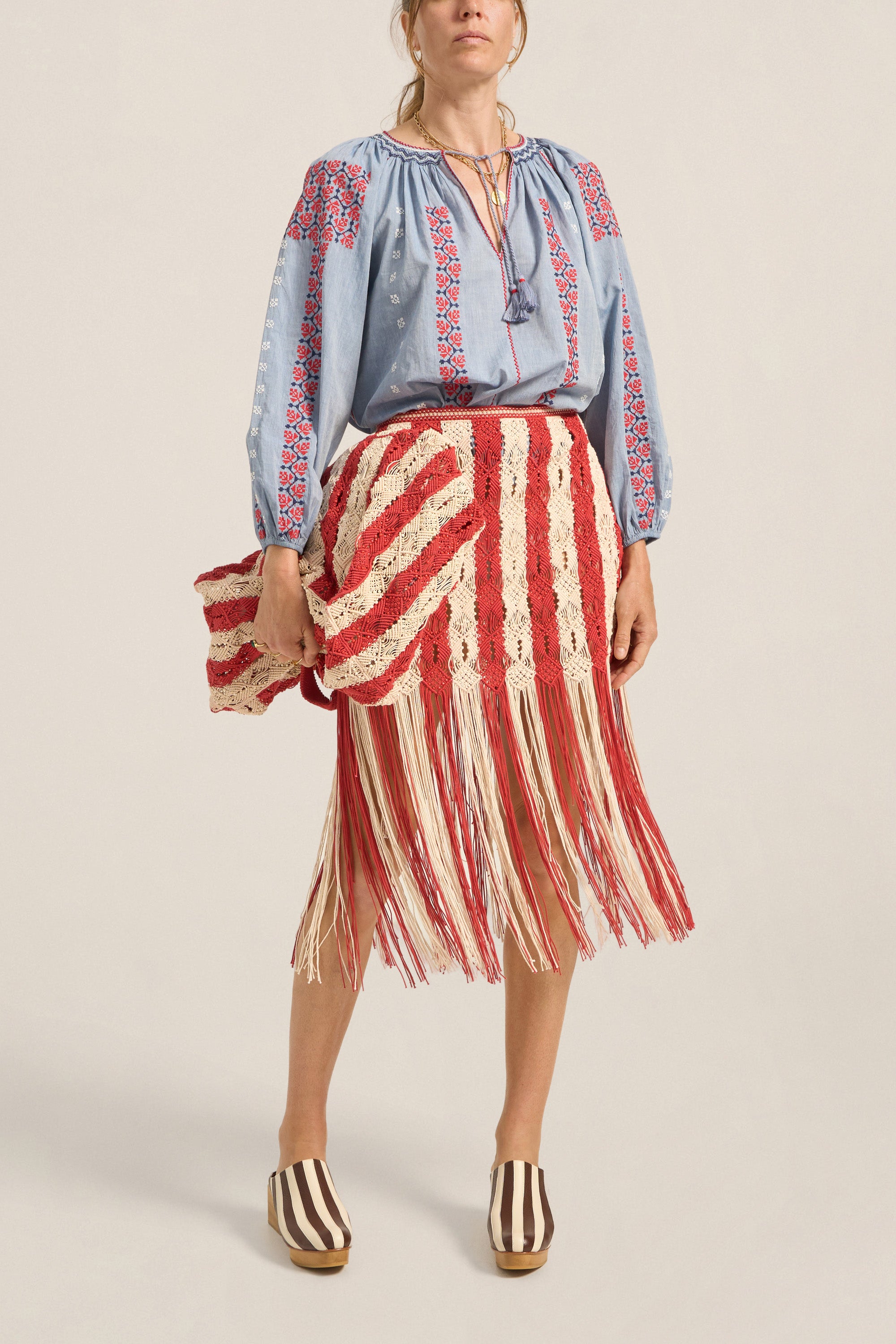 ILIO NEMA Syracuse Red & Cream Macrame Skirt