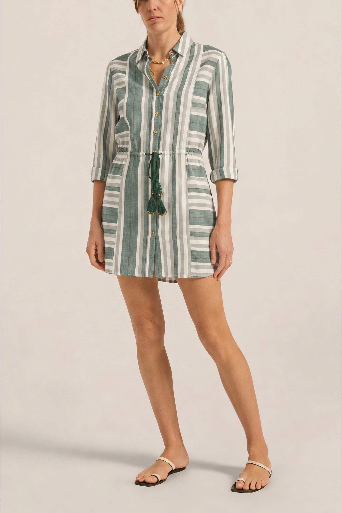 ILIO NEMA Leto Green Cyprus Stripe Shirtdress