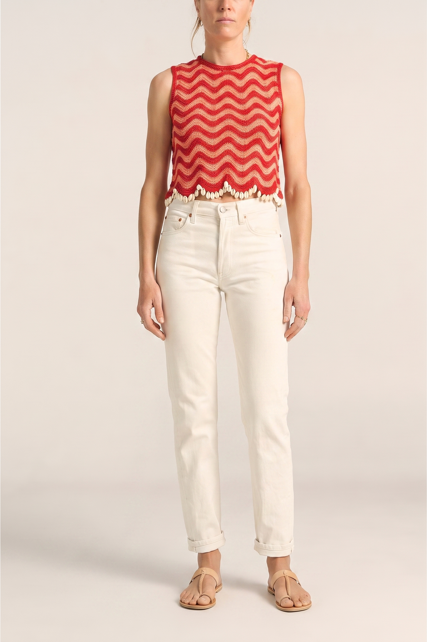 ILIO NEMA Cynthia Pink & Red Wave Hand Crochet Top with Shells with jeans