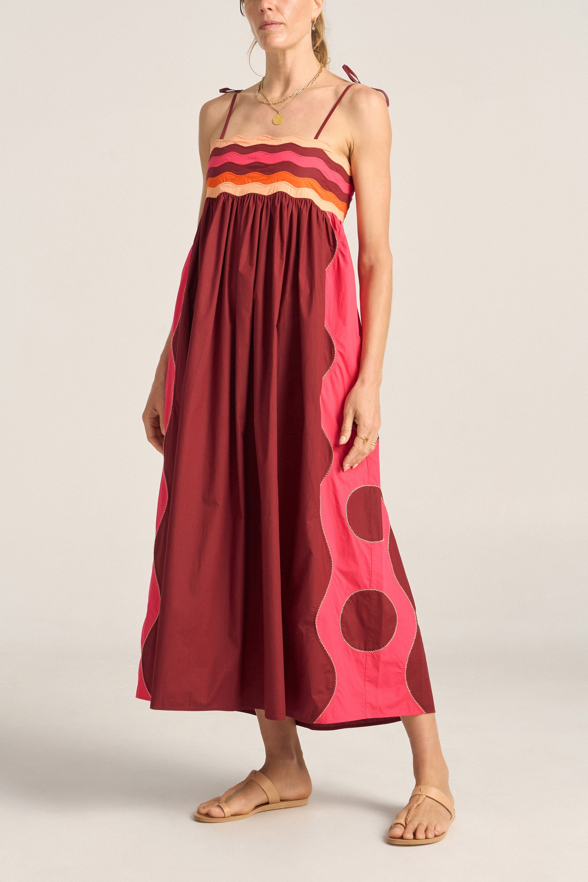 ILIO NEMA Philomela Red & Pink Wave Patchwork Poplin Dress