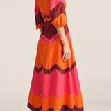Dryope Red & Pink Wave Patchwork Poplin Dress