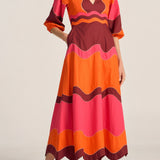 Dryope Red & Pink Wave Patchwork Poplin Dress