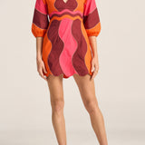 Leda Red & Pink Wave Patchwork Poplin Dress
