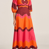 Sample -Dryope Red & Pink Wave Patchwork Poplin Dress