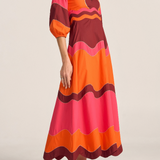 Sample -Dryope Red & Pink Wave Patchwork Poplin Dress