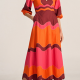 Sample -Dryope Red & Pink Wave Patchwork Poplin Dress