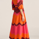 Sample -Dryope Red & Pink Wave Patchwork Poplin Dress